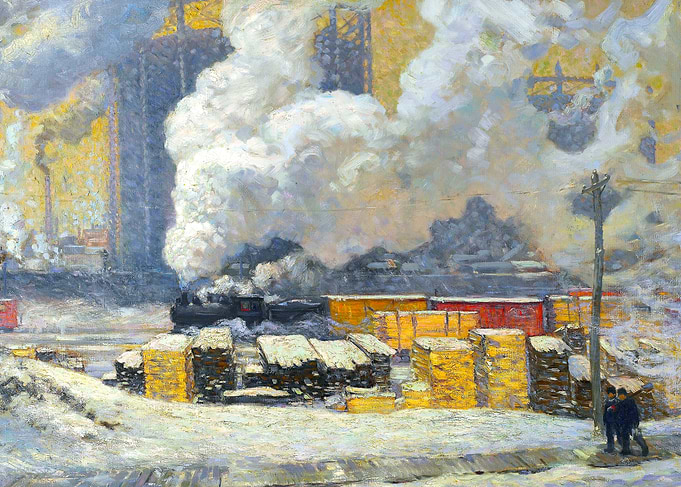 Steam Train in the Snow Winter Landscape Painting
