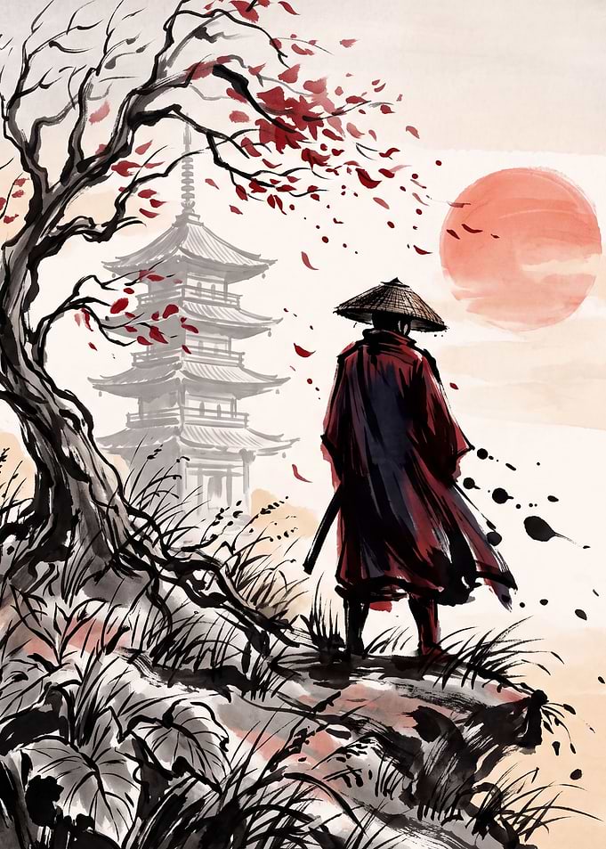 Sumi-e Wandering Samurai Before the Red Sun Pagoda