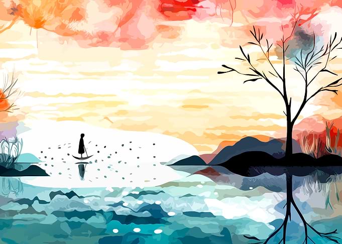Solitary Boat on Watercolor Lake