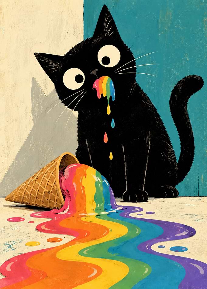 Black Cat Eating Rainbow Ice Cream