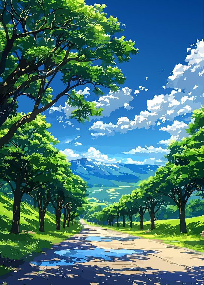 Anime Style Mountain Road Landscape