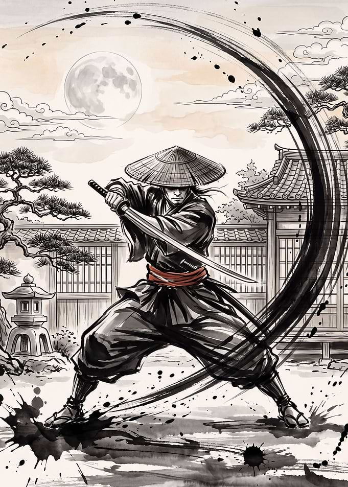 Sumi-e Samurai Sword Arc Under the Moon