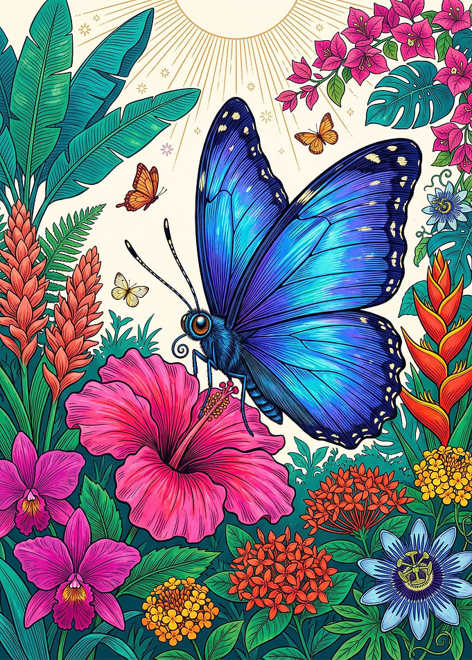 Vibrant Tropical Butterfly and Flowers