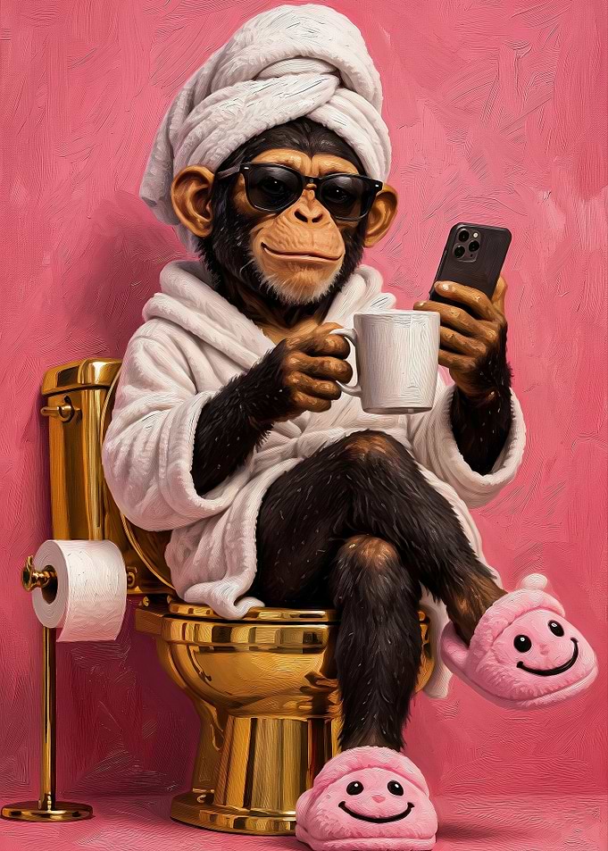 Chimpanzee Relaxing on Gold Toilet