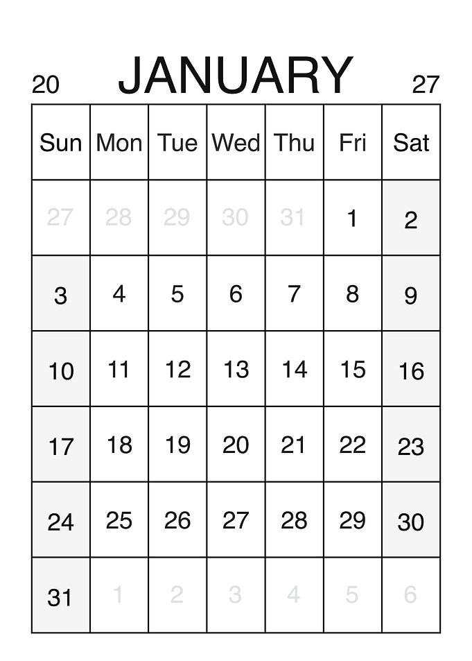 January 2027 Monthly Calendar Grid