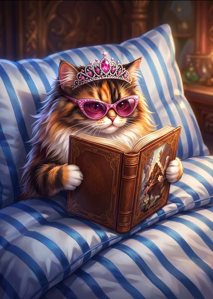 Regal Calico Cat Reading a Book
