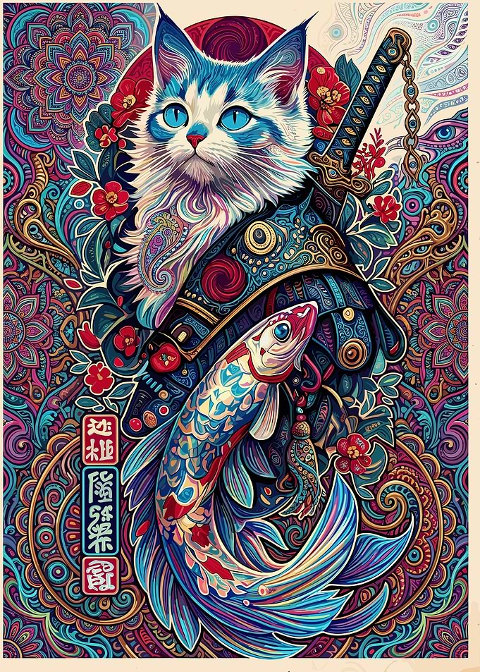 Psychedelic Samurai Cat with Fish