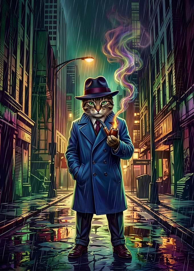 Noir Detective Cat in Rain