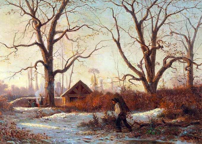 Winter Landscape with Brushwood Gatherer by Adolphe Appian Snow Painting