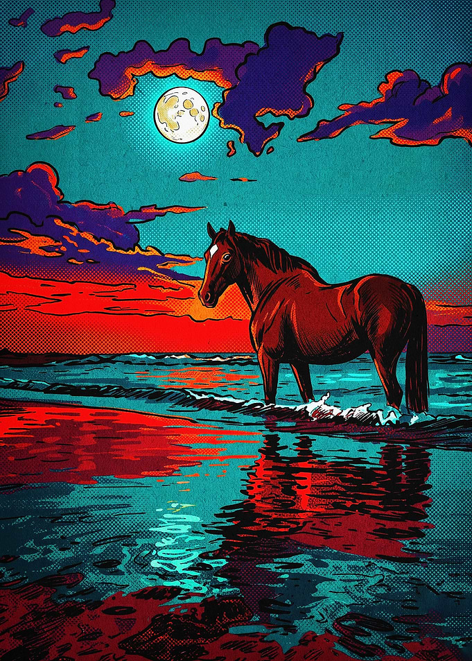 Horse Beach Sunset Pop Art Poster