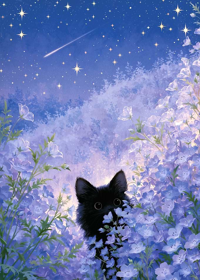 Black Cat in Blue Flower Field