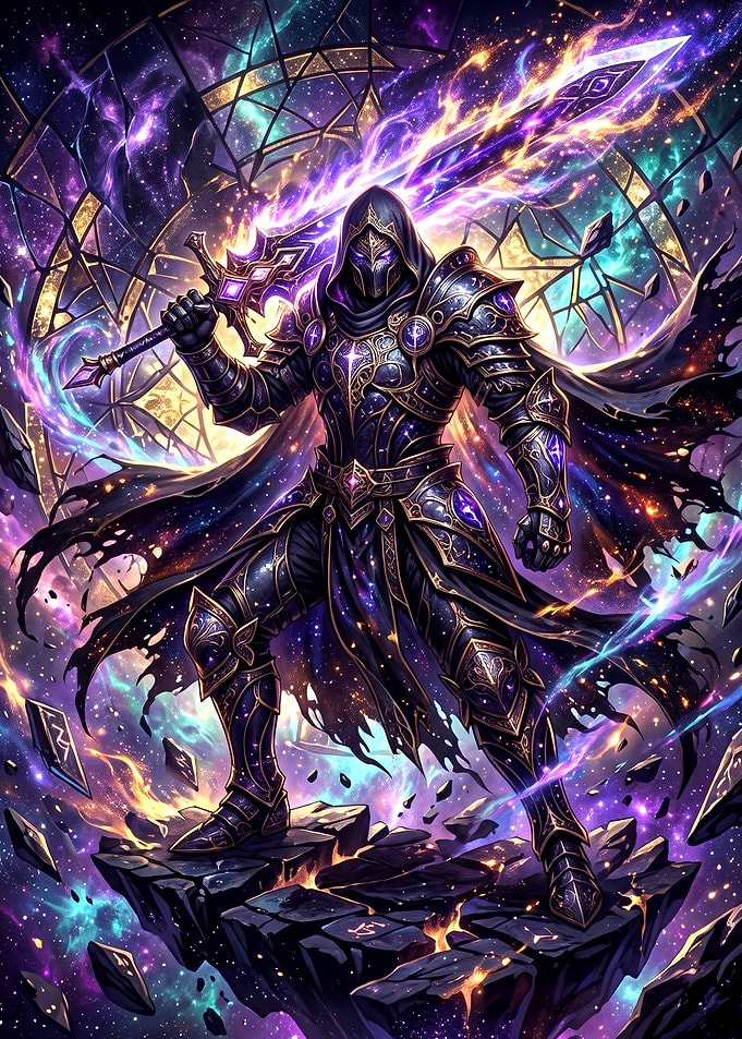 Cosmic Knight with Glowing Sword