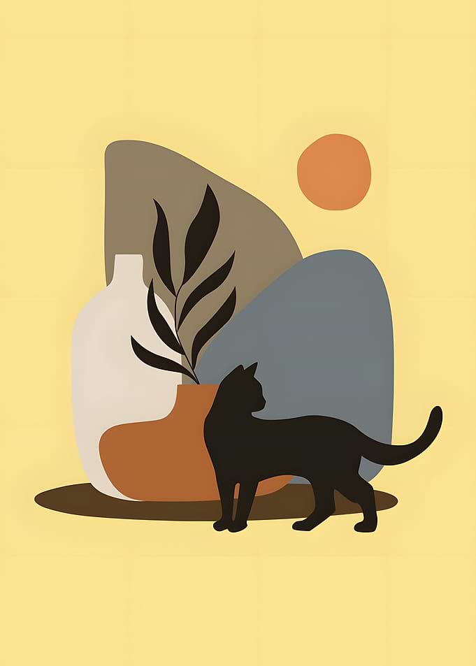 Minimalist Black Cat and Vase Art