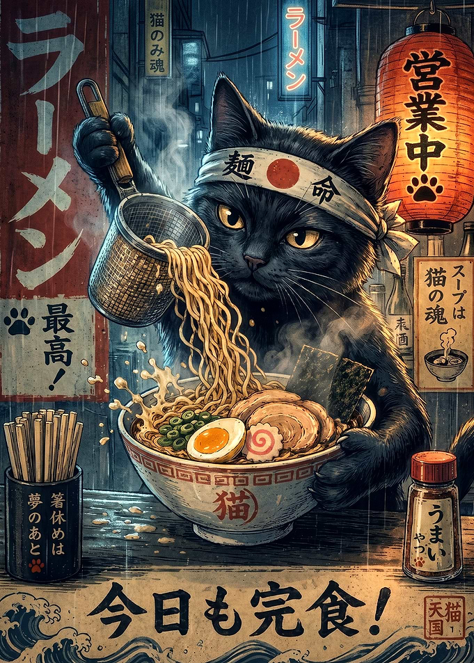 Black Cat Ramen Chef Illustration
