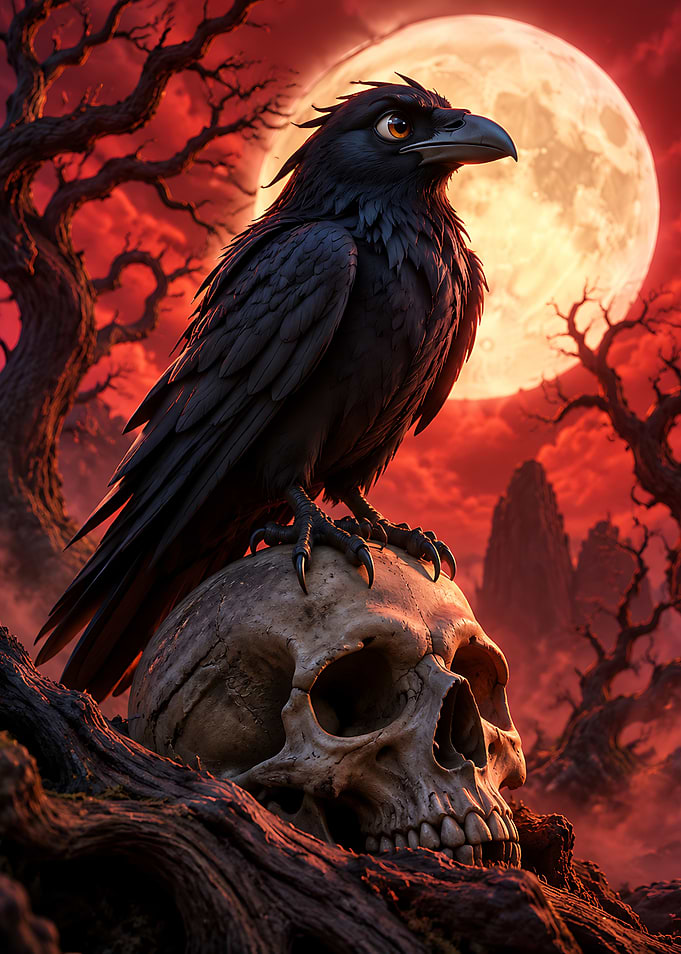 Raven Perched on a Human Skull