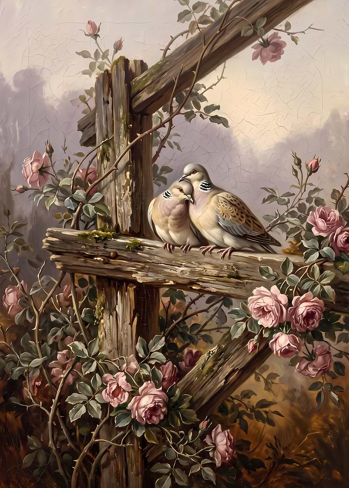 Two Doves Perched on Rustic Fence