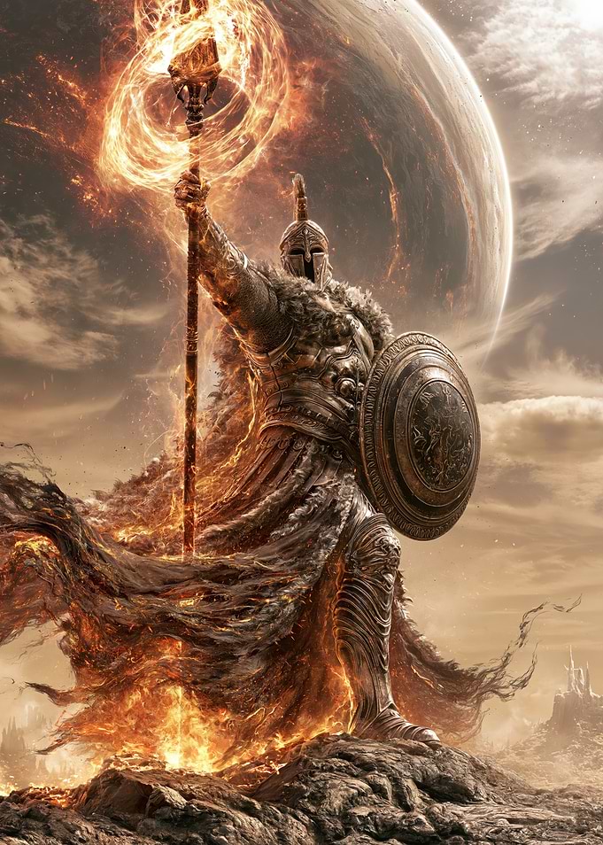 Fiery Spartan Warrior with Flaming Spear