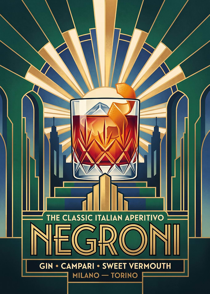 Art Deco Negroni Cocktail Poster | Vintage Italian Aperitivo Print for Home Bar Decor