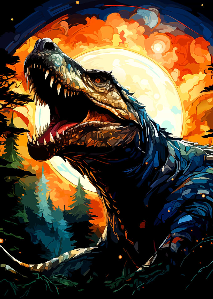 Roaring T-Rex Against Fiery Moon