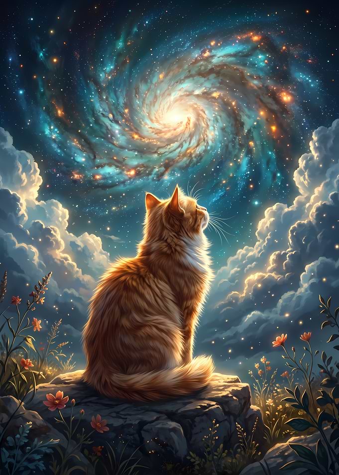 Ginger Cat Gazing at Galaxy
