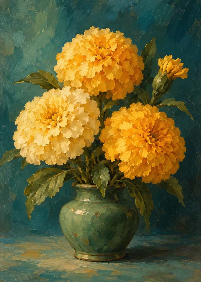 Yellow Marigolds in Green Vase Painting