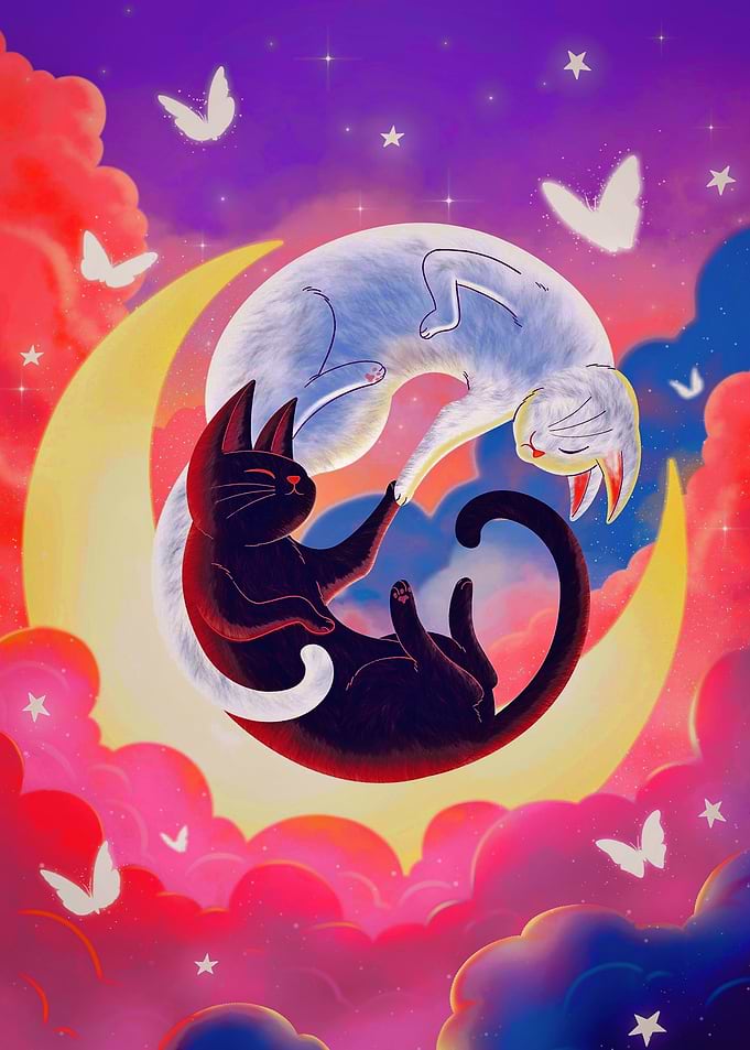 Yin Yang Cats on Crescent Moon