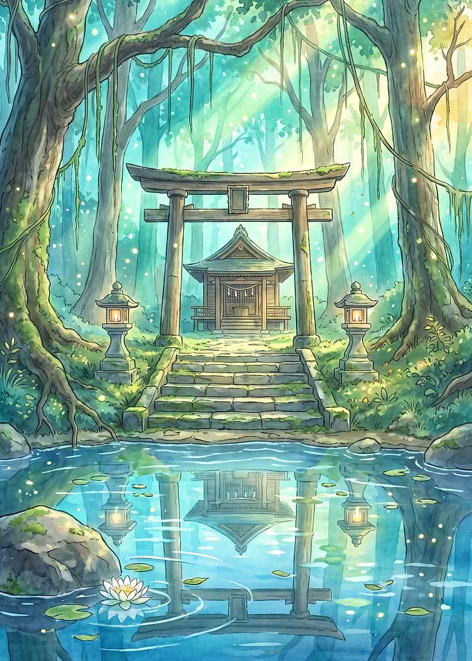 Serene Japanese Shrine in Enchanted Forest
