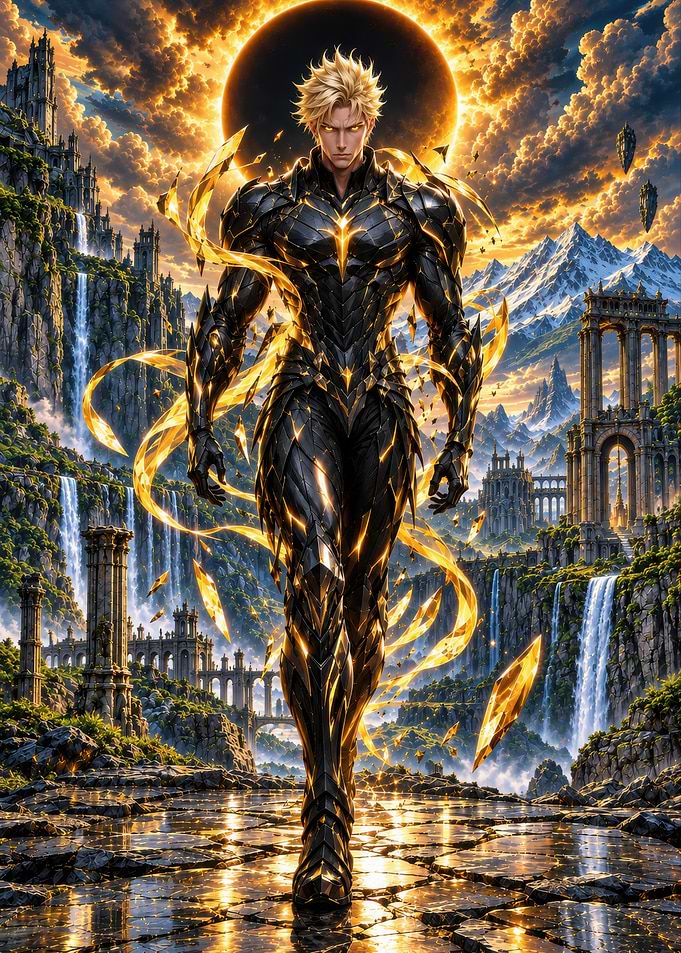 Golden Warrior in Ethereal Landscape