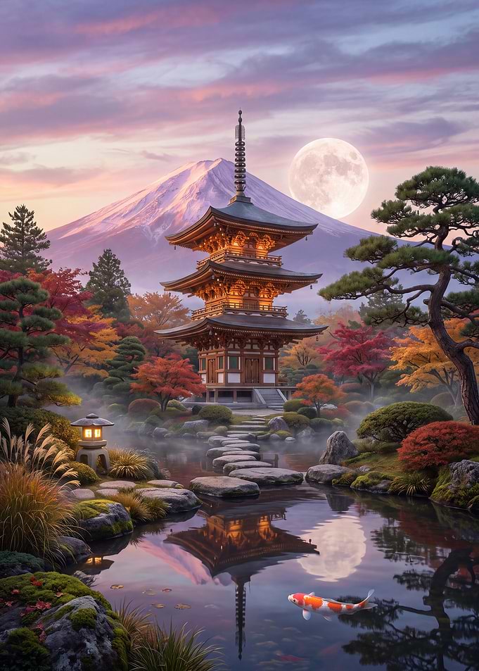 Pagoda at Mount Fuji Sunset