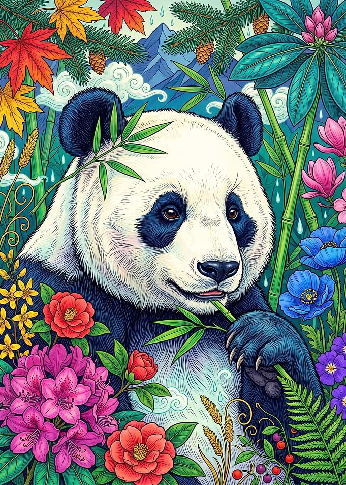Vibrant Panda in Lush Floral Garden