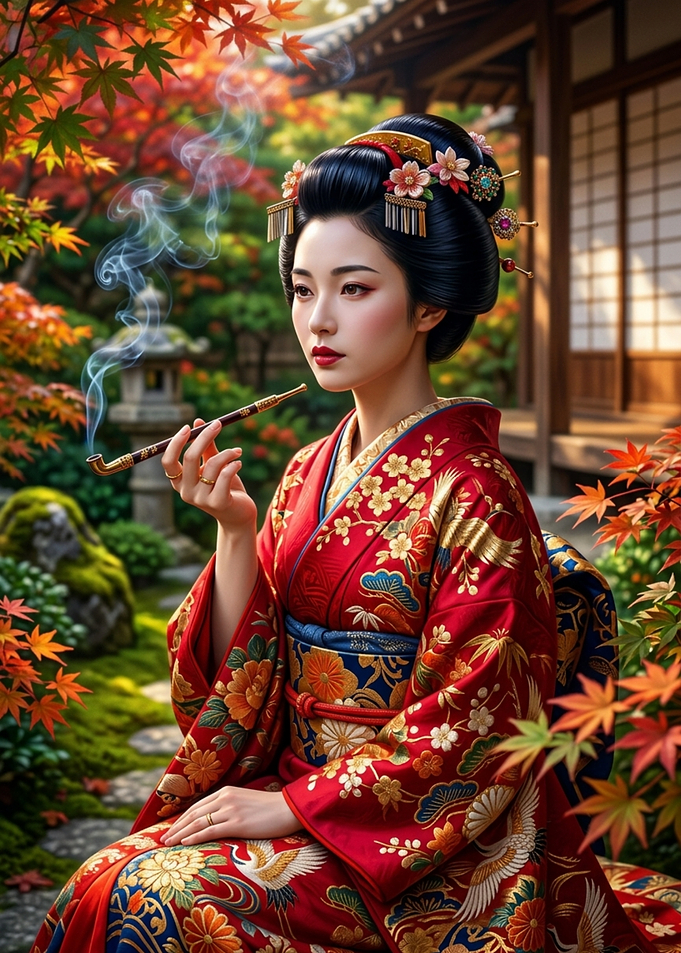 Elegant Geisha in Autumn Garden
