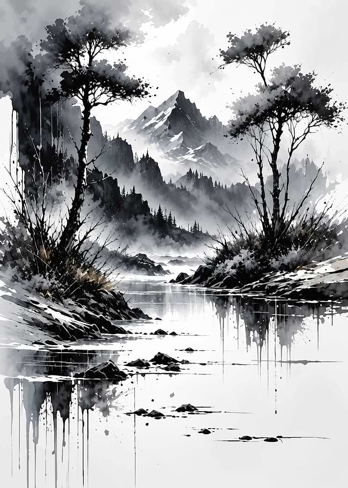 Monochrome Watercolor Mountain Landscape