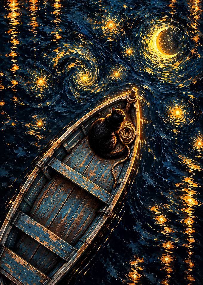 Black Cat in Boat Under Stars