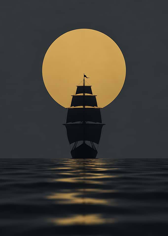Sailing Ship Silhouette Against Full Moon
