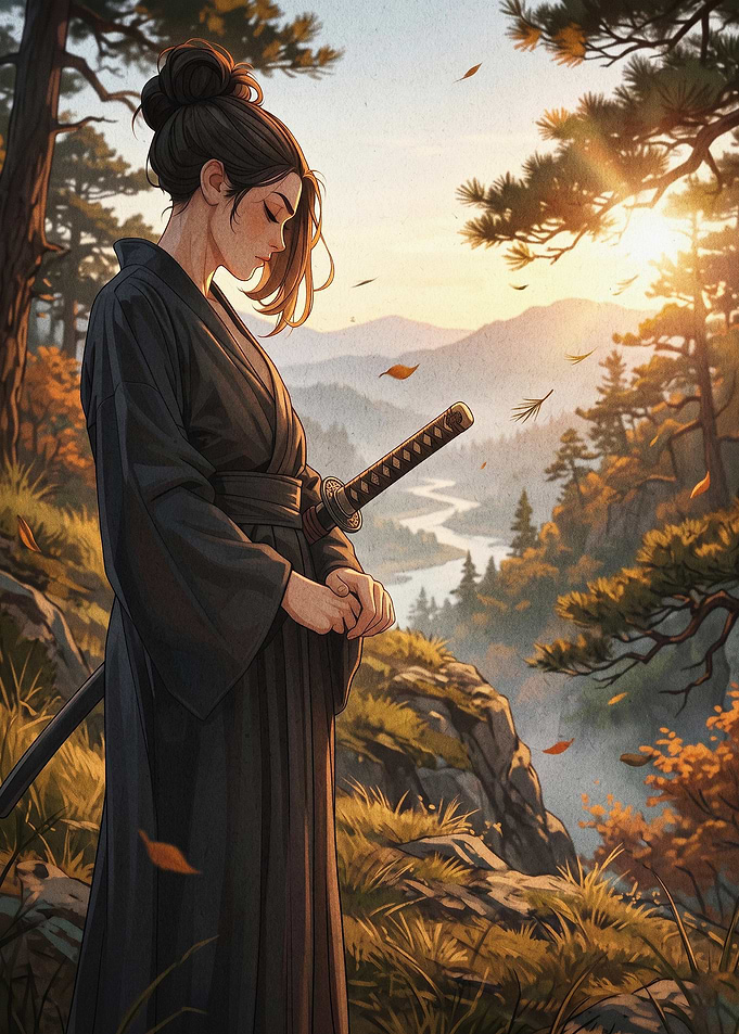 Samurai Woman Katana Sunset Art