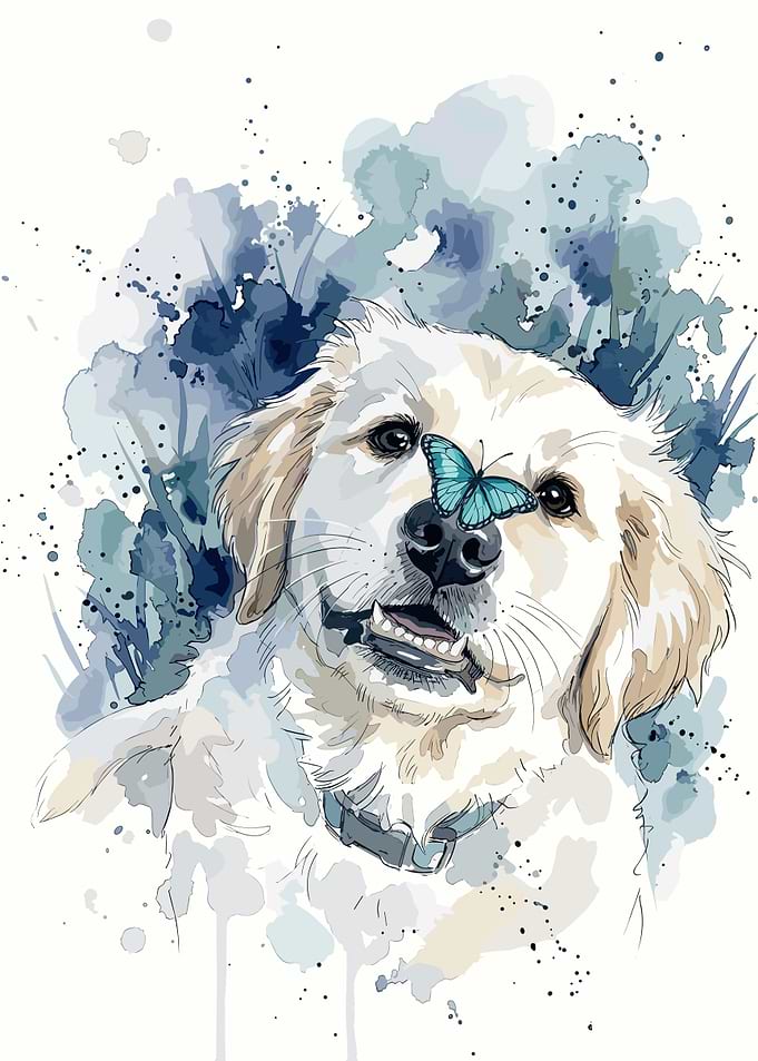 Golden Retriever with Blue Butterfly