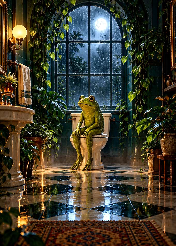 Frog sitting on a toilet