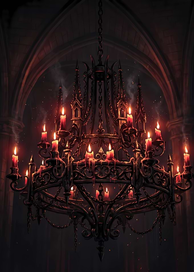 Gothic Iron Chandelier with Lit Candles