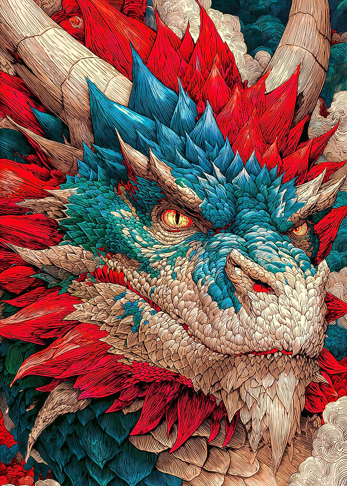 Intricate Red and Blue Dragon Portrait