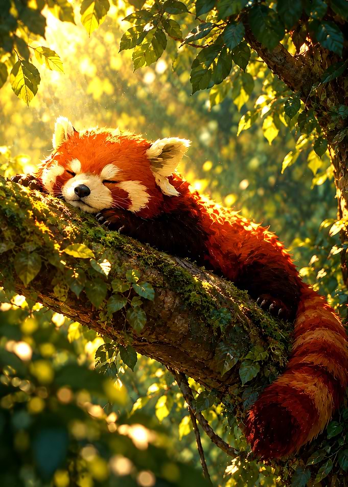 Sleeping Red Panda in Golden Sunlight
