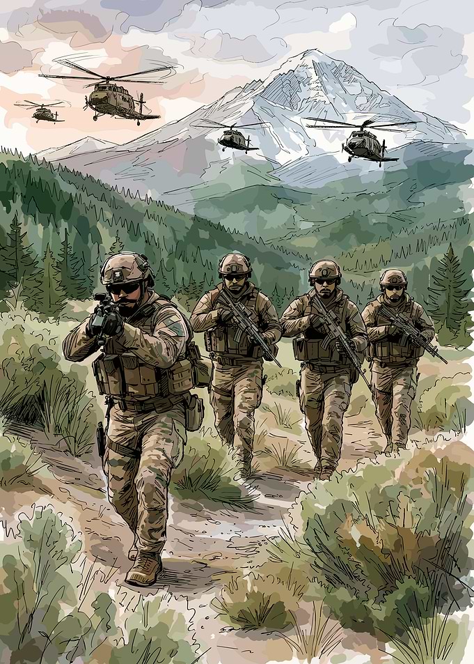 Special Forces Soldiers Advancing in Mountains
