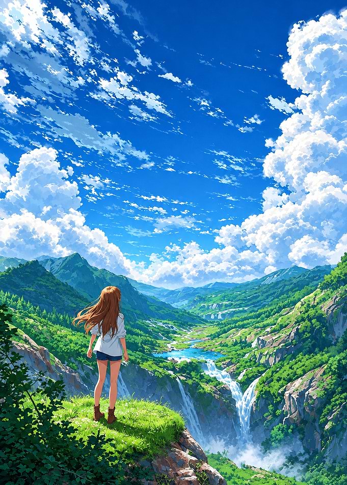 Girl overlooking a lush mountain valley