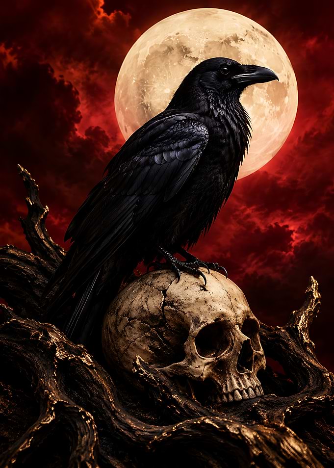 Raven Perched on Human Skull