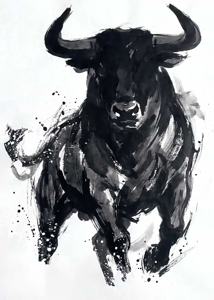 Dynamic Ink Wash Bull Painting