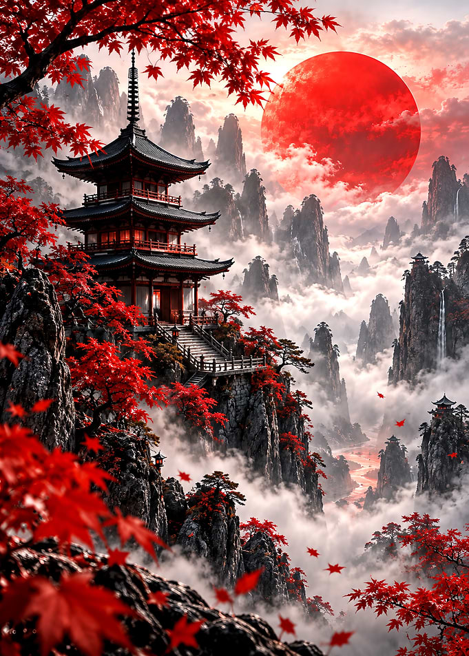 Red Maple Pagoda Mountain Landscape
