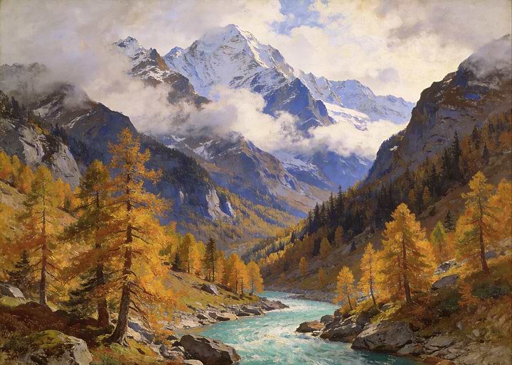 Autumn Mountain Landscape with River