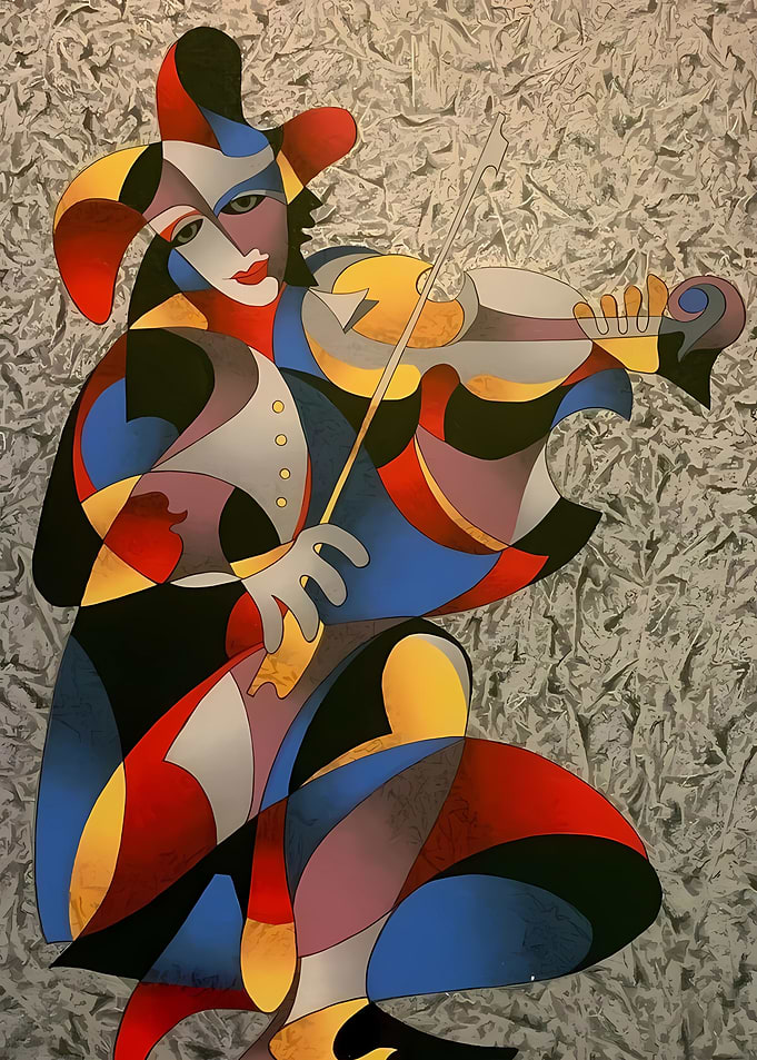 Cubist Jester Playing Violin Painting
