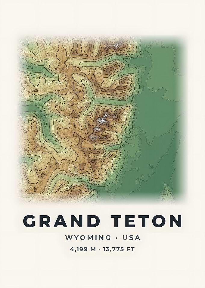 Grand Teton Topographic Map Color Relief Poster