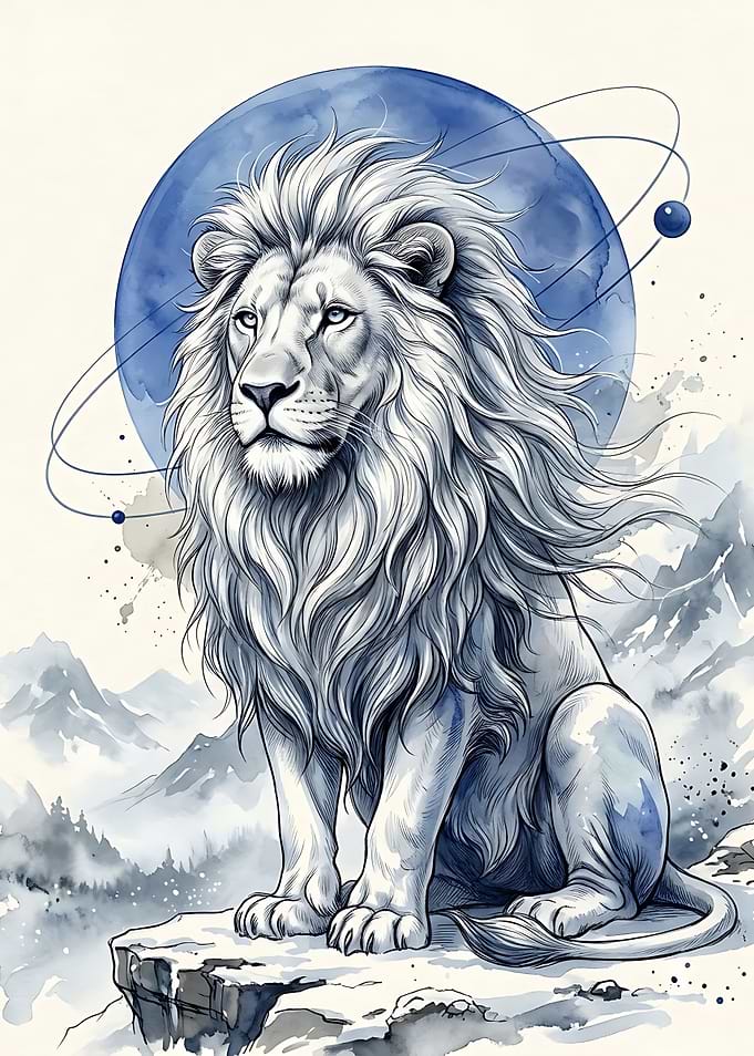 Majestic Lion with Celestial Orbits