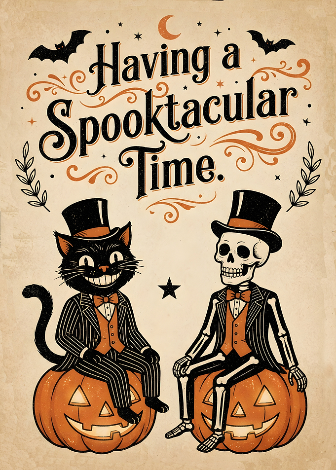 Spooktacular Halloween Cat and Skeleton Poster